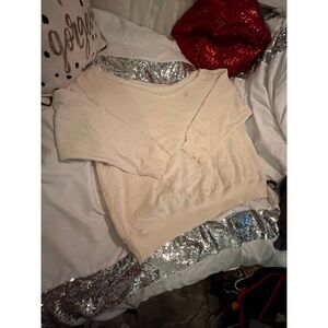Vs pink off shoulder legging crewneck pullover sweatshirt off whit bling plus xx